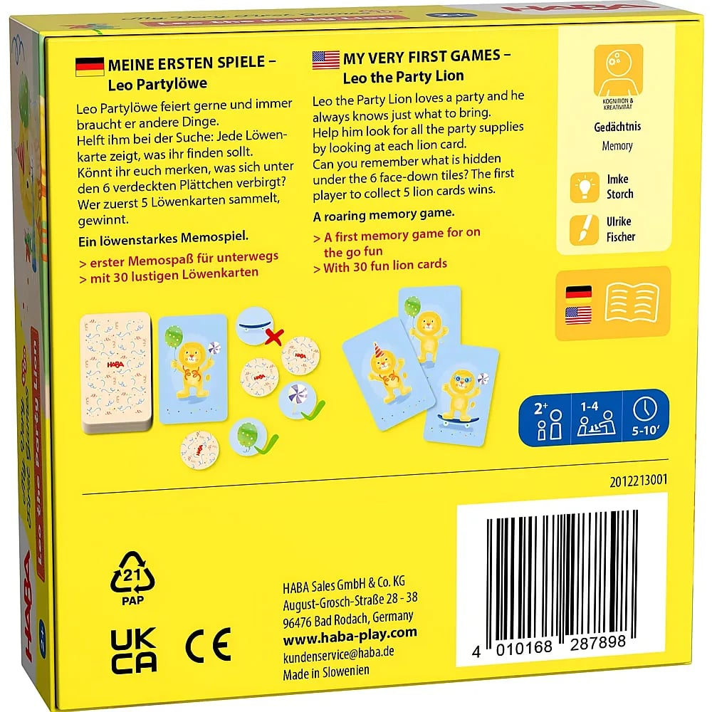Rückseite einer gelben Haba Brettspielverpackung für 'Leo the Party Lion' mit Regeln und Spieldetails.