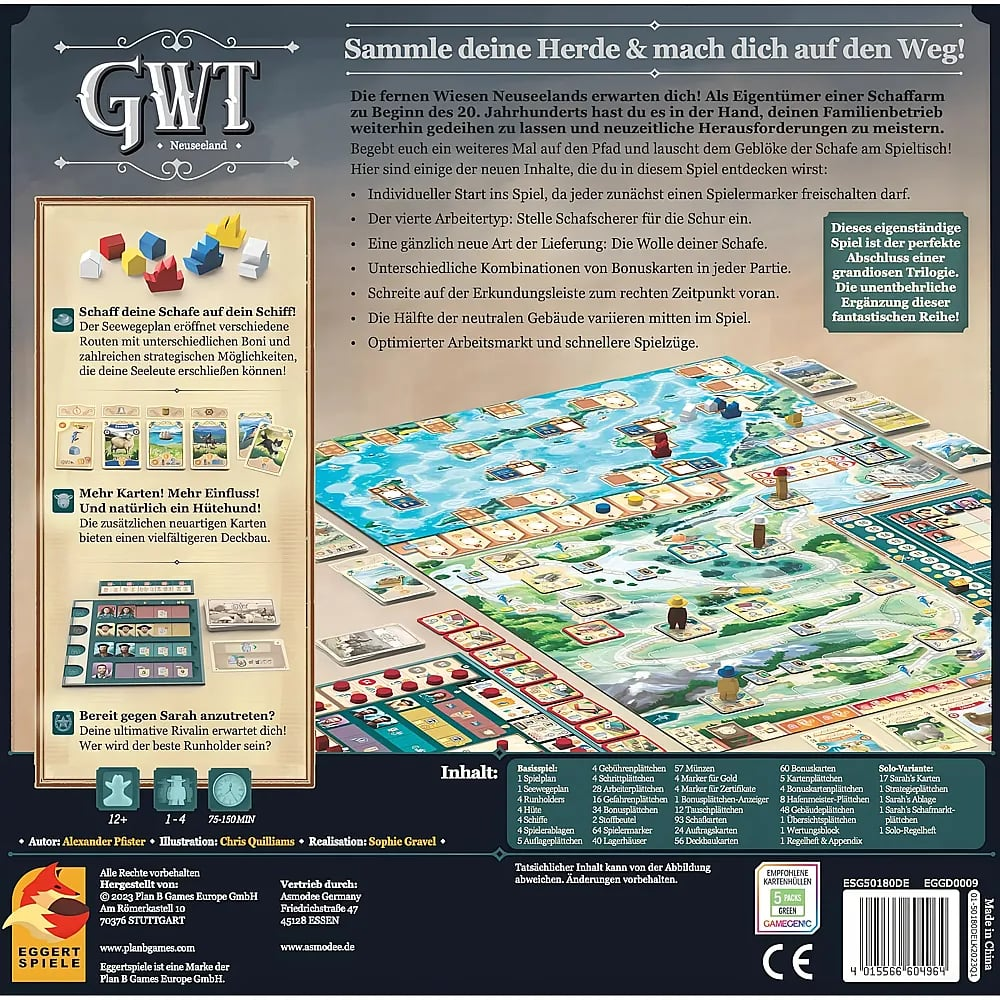 Spielverpackung von Great Western Trail Neuseeland mit Spielbrett, Karten und Komponenten.