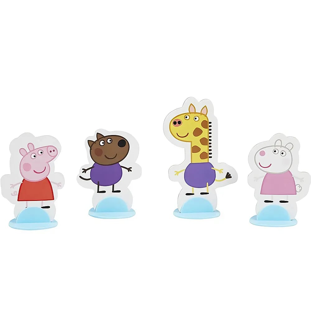 Vier bunte Pappfiguren von Cartoon-Tieren stehen auf kleinen blauen Ständern vor weißem Hintergrund.