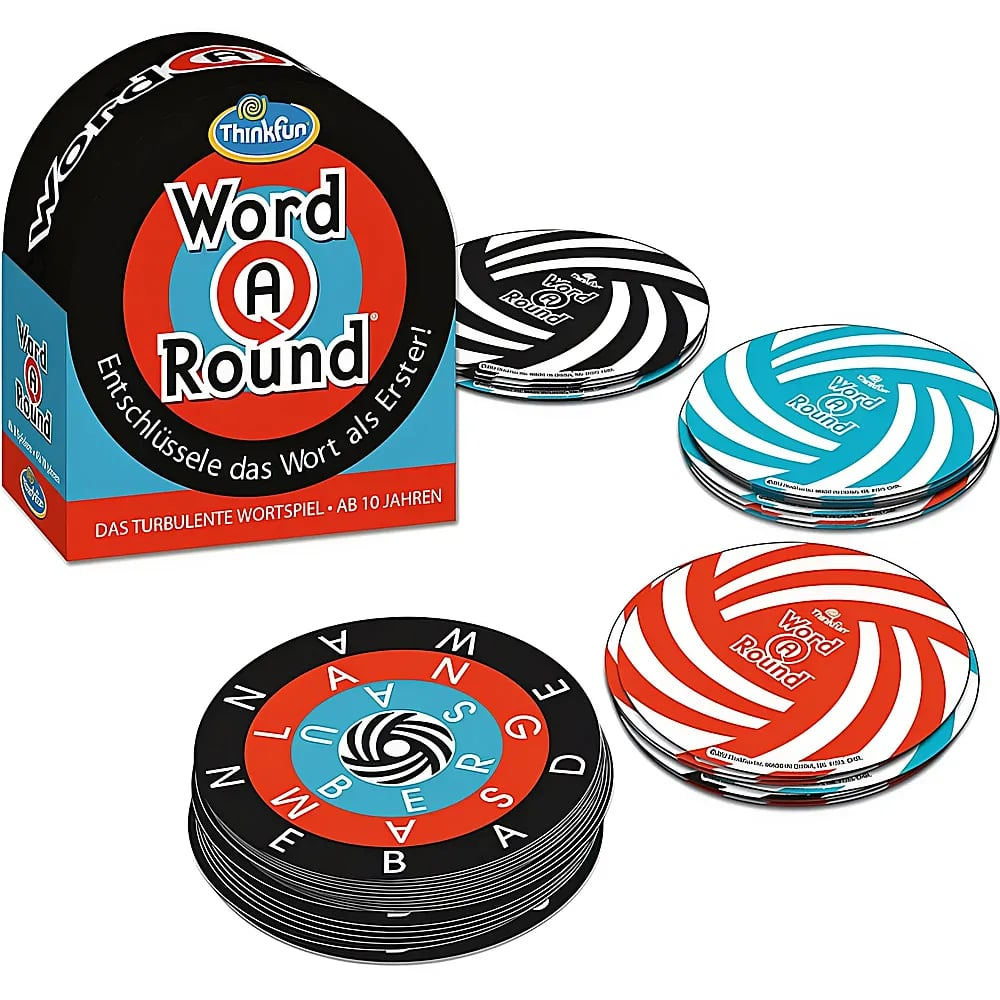 Das Word-A-Round Kartenspiel zeigt eine bogenförmige Verpackung und vier Stapel bunter, runder Karten auf weißem Hintergrund.