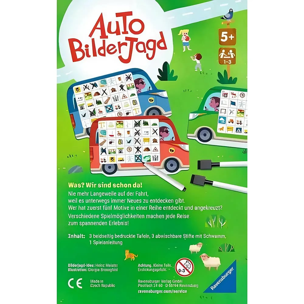 Die Rückseite des Ravensburger Spiels Auto Bilderjagd zeigt bunte Autos, Stifte und Spieltafeln auf grünem Hintergrund.