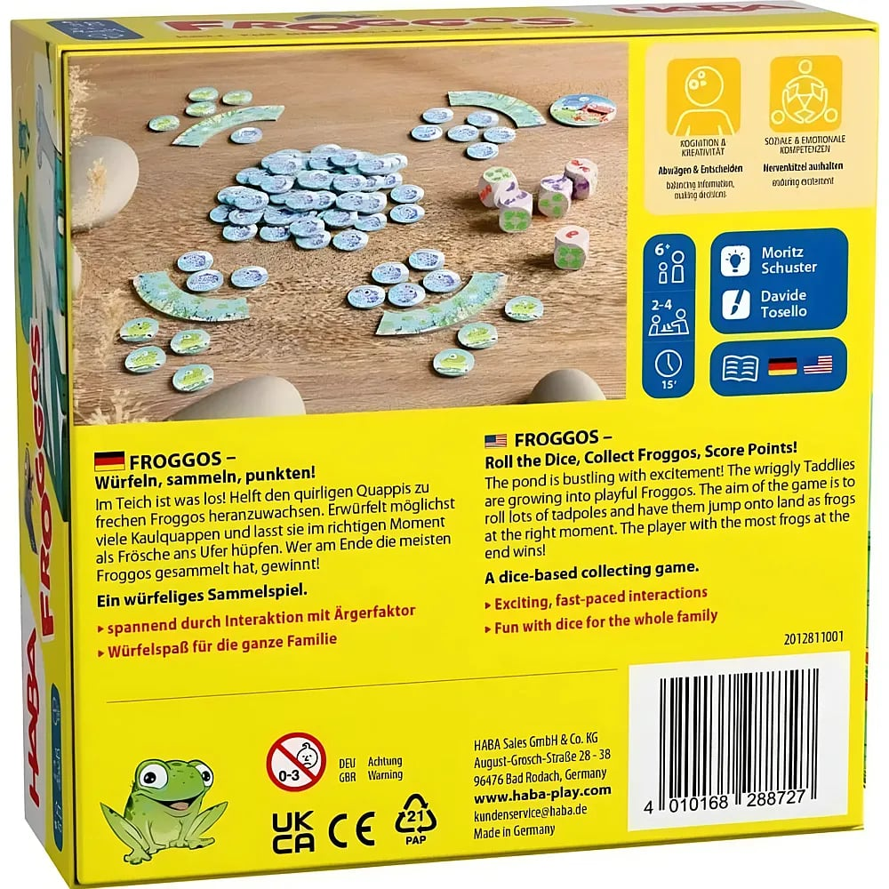 Dos de la boîte du jeu de société Froggos avec des pièces, des dés et des descriptions en allemand et en anglais.