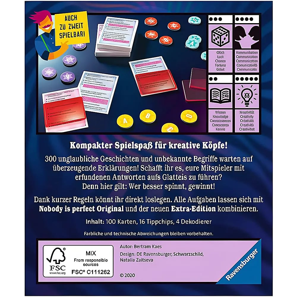 Rückseite einer Brettspielverpackung mit Spielteilen, Text und blauem Hintergrund.