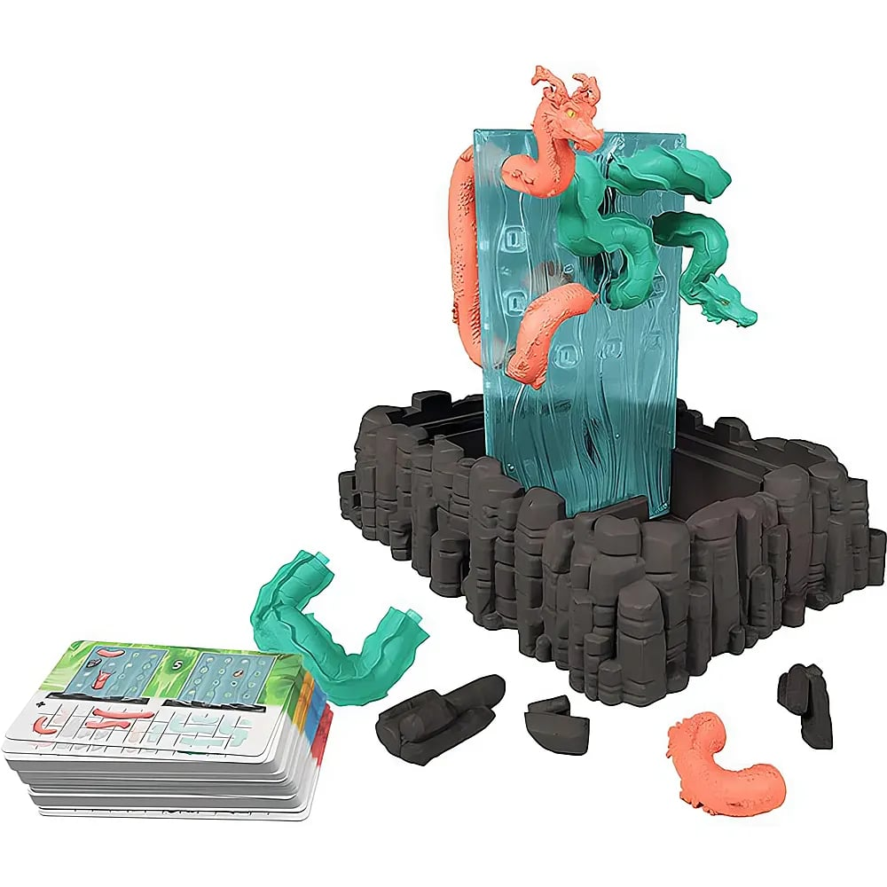 Un juego de mesa con una escultura de cascada azul, figuras de dragones y cartas sobre un fondo blanco.