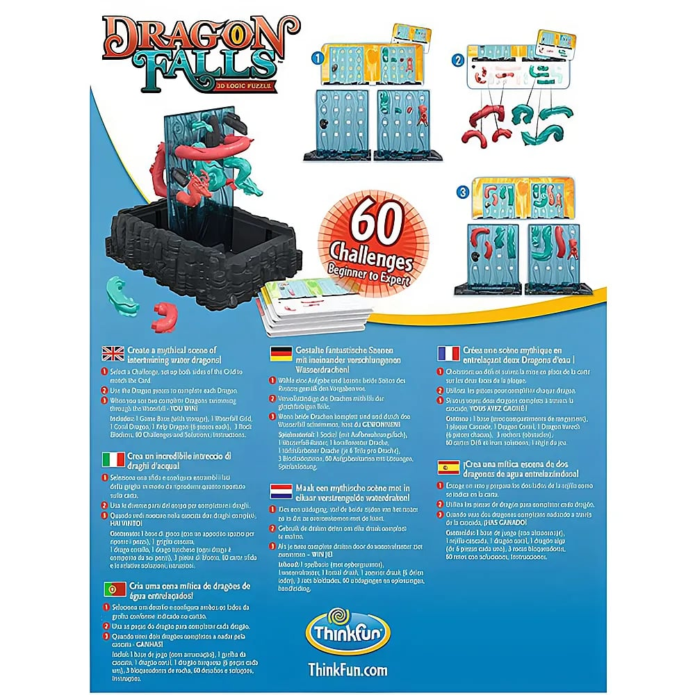 Rompecabezas lógico 3D Dragon Falls con base gris, dragones coloridos y cartas para 60 desafíos.