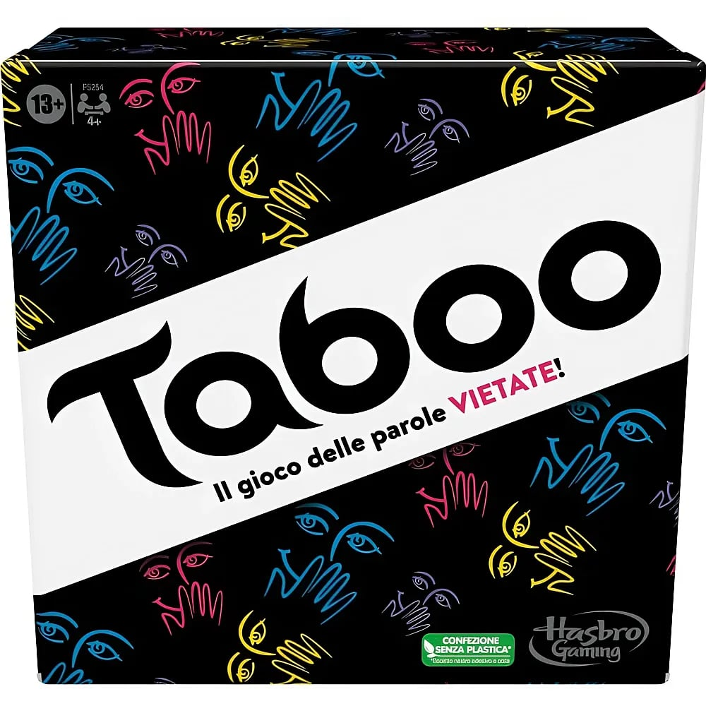Die Box des Taboo-Brettspiels mit schwarzem Hintergrund und bunten, linearen Gesichtern und Handgrafiken.