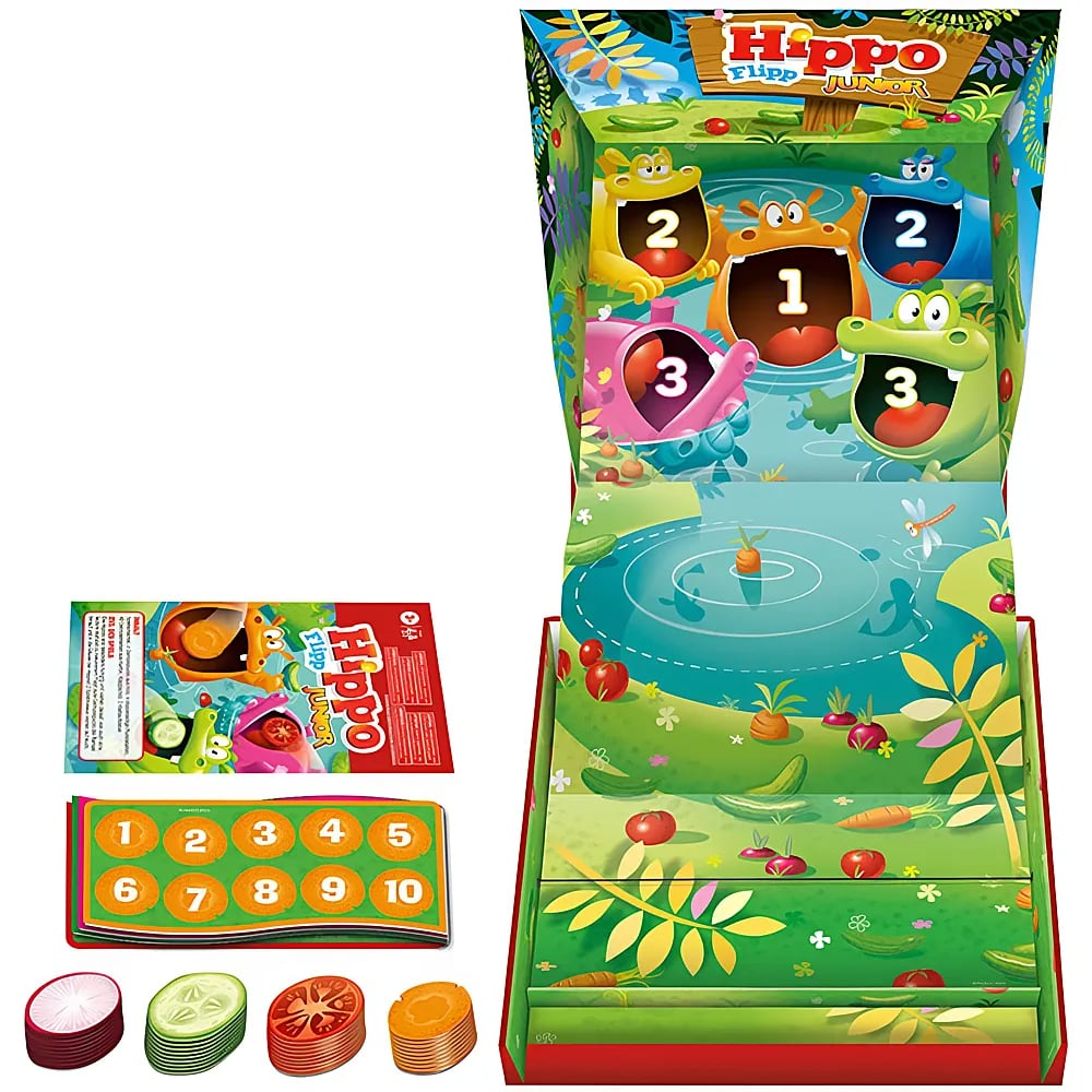 Gioco da tavolo Hippo Flipp Junior con ippopotami colorati, carte e dischetti di verdure su sfondo bianco.