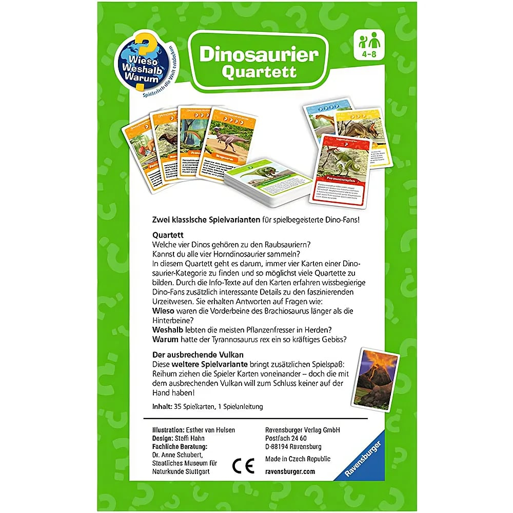 Rückseite der Ravensburger Dinosaurier-Quartett-Spielverpackung mit grünem Hintergrund und Bezahlkarten.