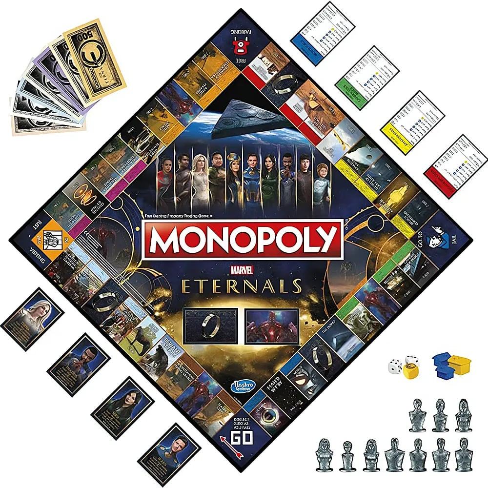 Ein Monopoly Marvel Eternals Brettspiel mit Geld, Karten, Figuren und Würfeln auf weißem Hintergrund.