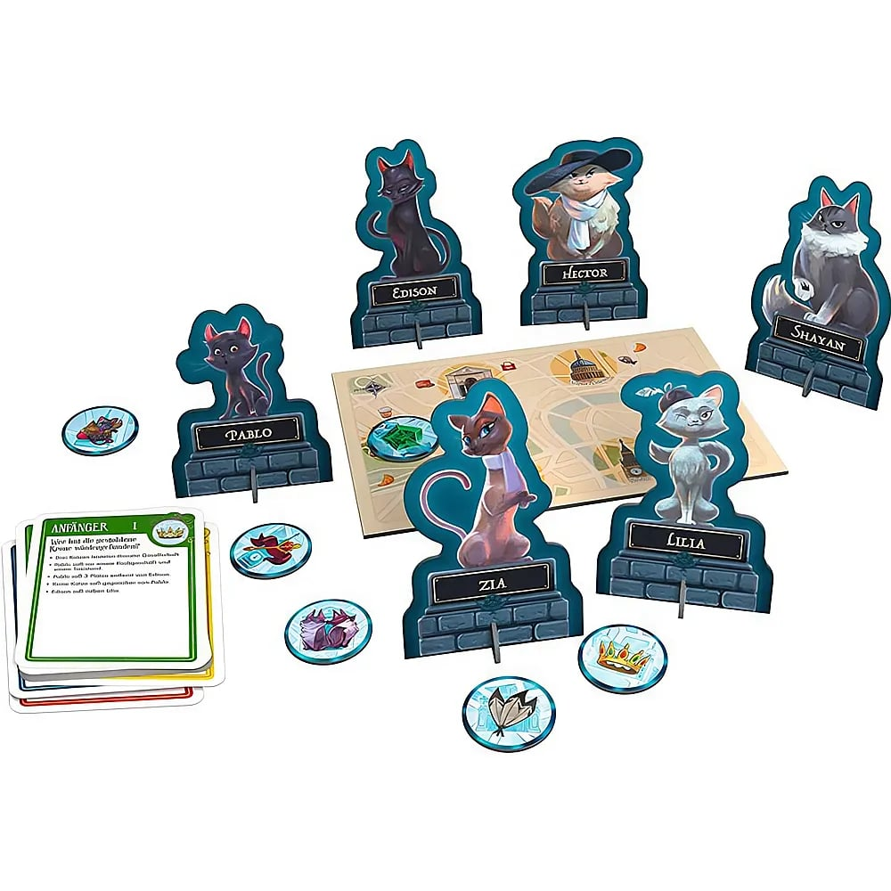 Brettspiel-Komponenten mit Katzenfiguren, Karten und runden Token auf weißem Hintergrund.
