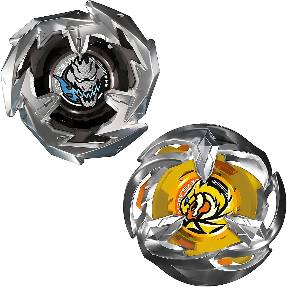 Due trottole Beyblade argentate su sfondo bianco, a sinistra con drago, a destra con leone giallo.
