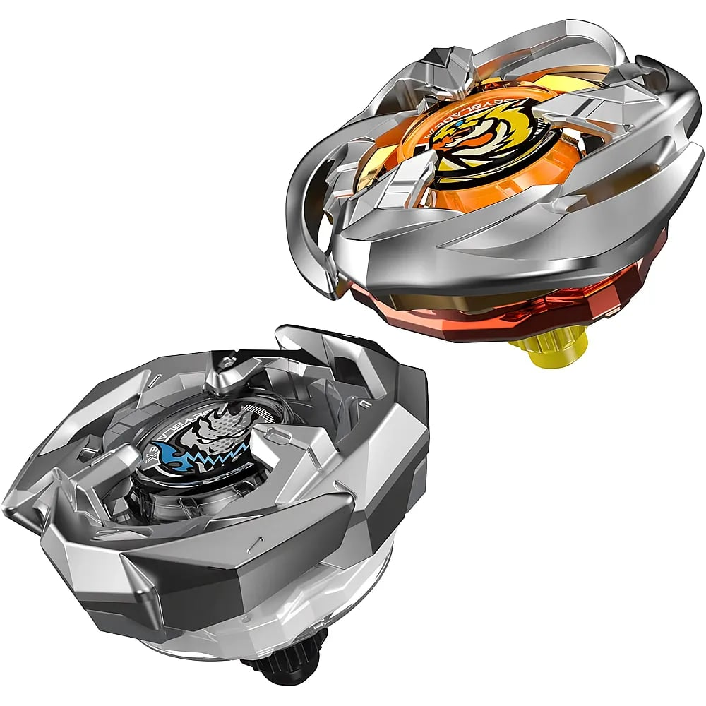 Due trottole Beyblade moderne con anelli metallici; quella superiore ha un design a tigre arancione, quella inferiore a drago argento.