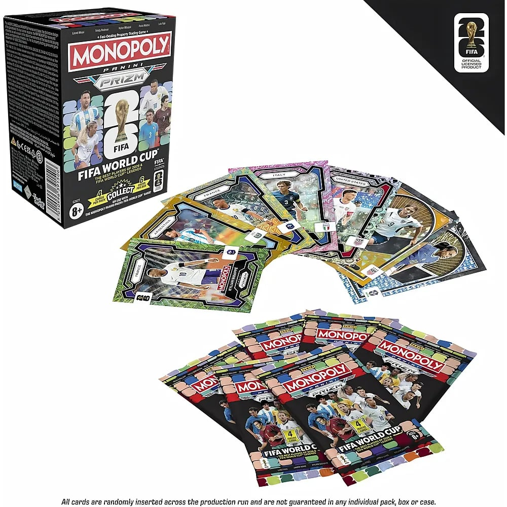 Caja de juego Monopoly FIFA World Cup Prizm con tarjetas coleccionables y sobres.