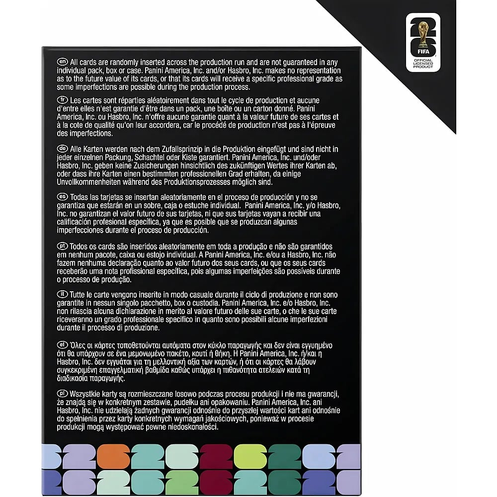 Texto legal multilingüe y logotipo de la FIFA sobre fondo negro con bloques coloridos.