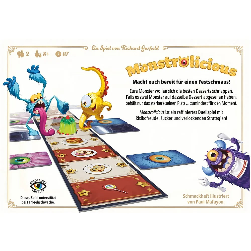 Brettspiel-Cover von Monstrolicious mit bunten Monstern und Süßigkeiten auf einem Spielfeld.