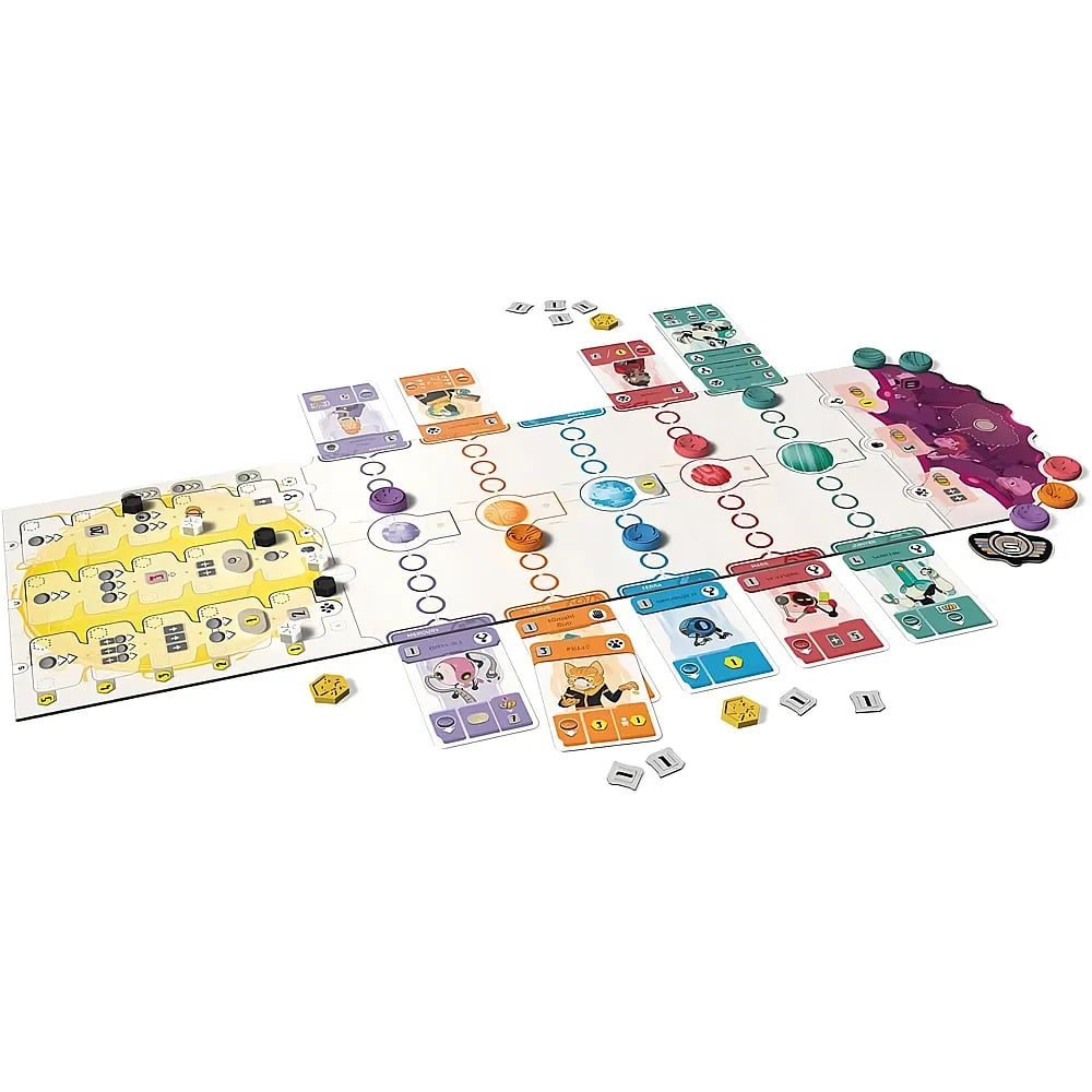 Ein Tischspiel mit bunten Spielbrettern, Karten und Markern in verschiedenen Farben auf weißem Hintergrund.