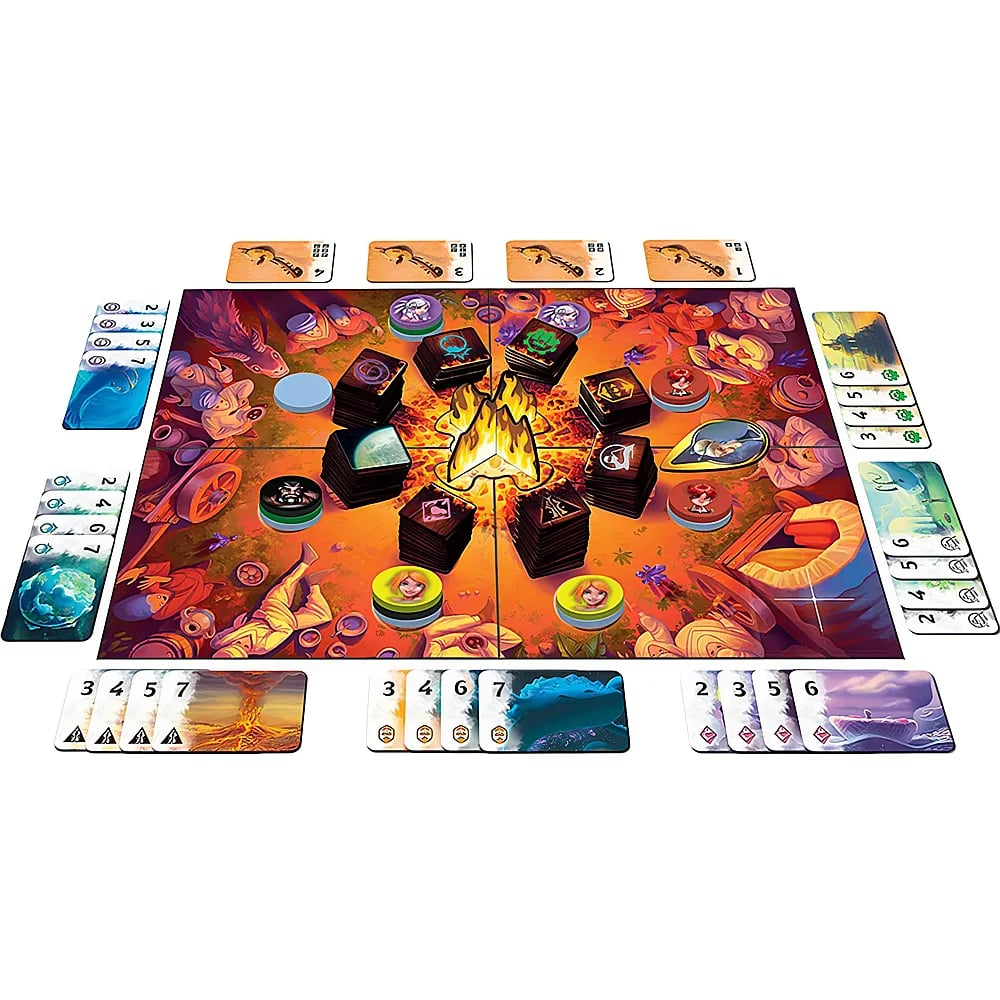 Ein farbenfrohes Fantasy-Brettspiel mit zentralem Feuer, Marker-Stapeln und Spielerhandkarten.