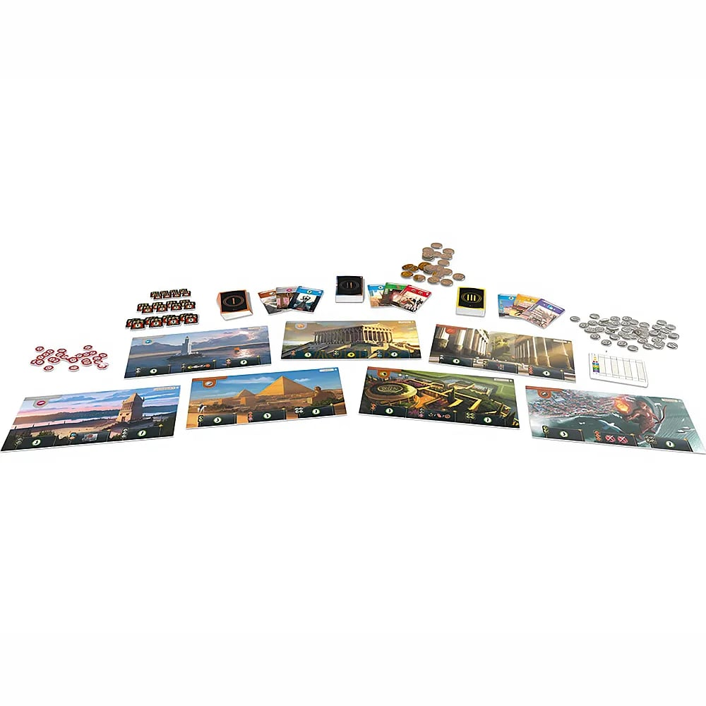 Ein Brettspiel-Setup mit Weltwunder-Tafeln, Karten, Münzen und Plättchen auf weißem Hintergrund.