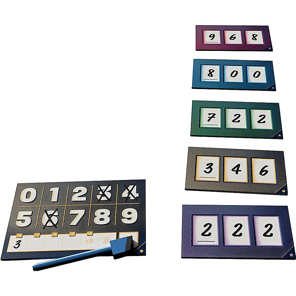 Un gioco da tavolo mostra una plancia con numeri barrati e cinque carte indizio colorate con numeri a tre cifre.