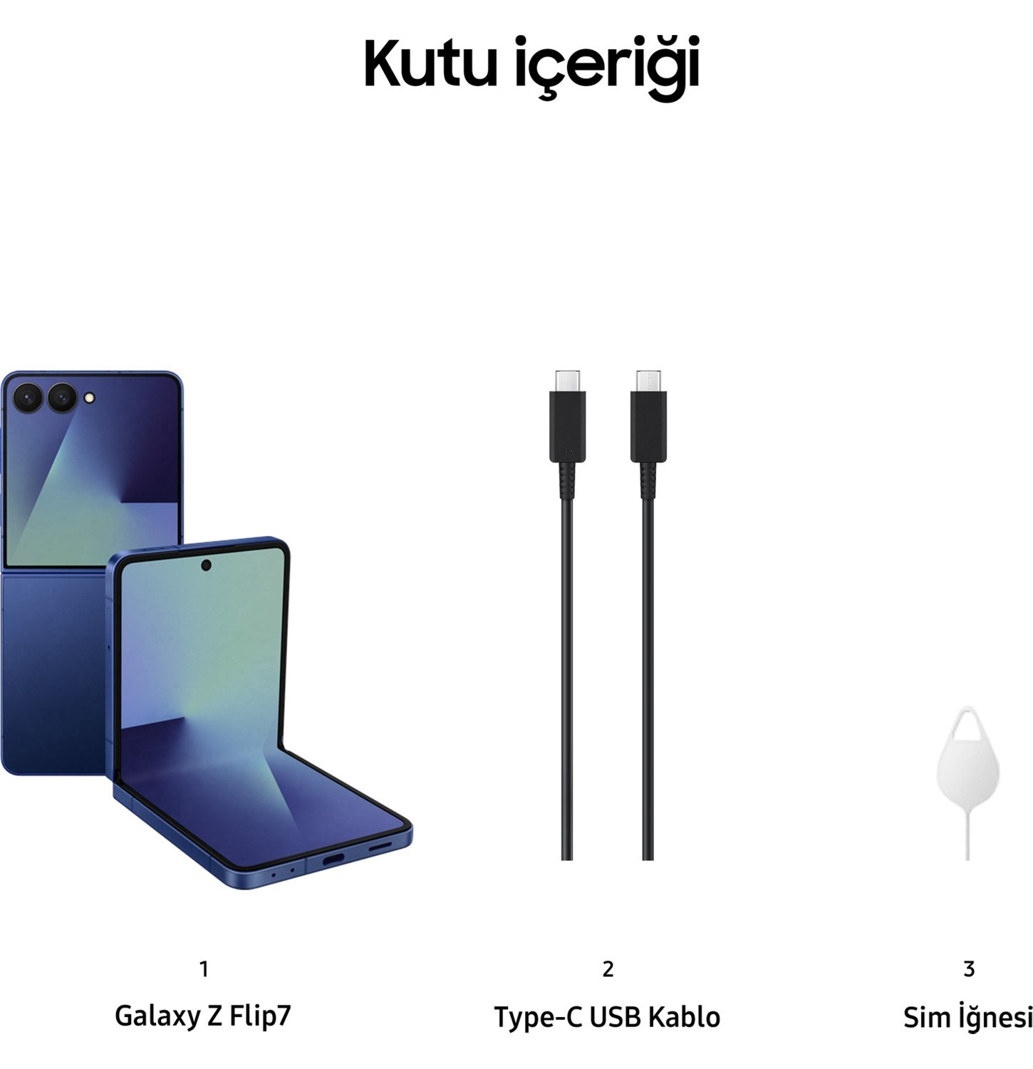 Kutu içeriğinde mavi katlanabilir akıllı telefon, Type-C USB kablo ve sim iğnesi var.