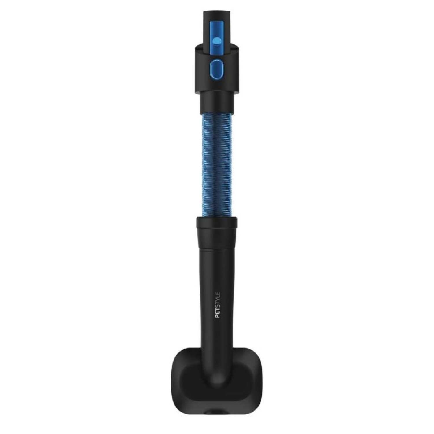 Accesorio de aspiradora negro con manguera flexible azul y cabezal rectangular sobre fondo blanco.