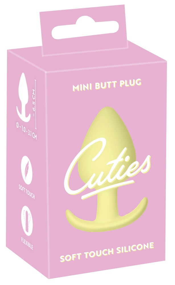 Rosa Box für einen gelben Cuties Mini-Buttplug aus weichem Silikon mit Icons für Maße und Flexibilität.