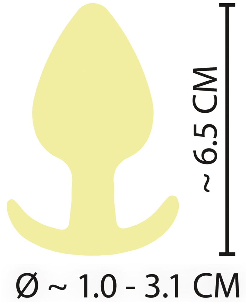 Technische Zeichnung eines gelben Plug-Spielzeugs mit Maßangaben von 6,5 cm Höhe und 1,0-3,1 cm Durchmesser.