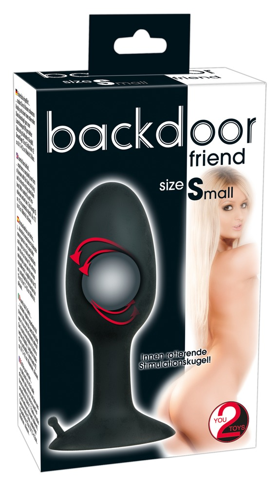 Verpackung eines schwarzen Analplugs mit rotierender Kugel und Frauenbild auf weiß-schwarzem Hintergrund.