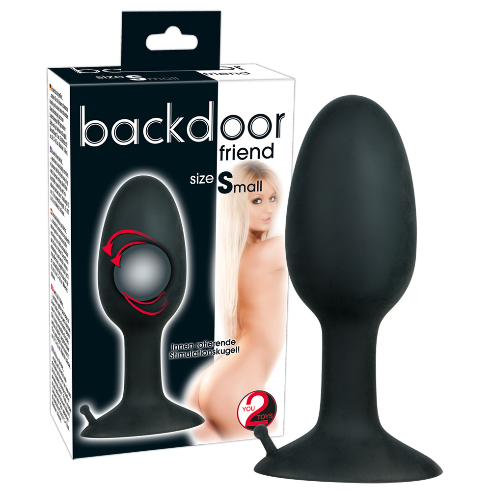 Schwarzer Silikon-Anaplug neben seiner Verpackung mit der Aufschrift Backdoor Friend.