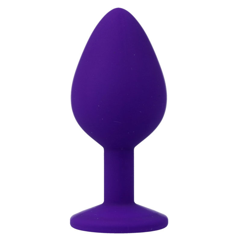 Ein glattes, lila Analplug-Spielzeug mit konischer Form und einem flachen Boden vor einem weißen Hintergrund.