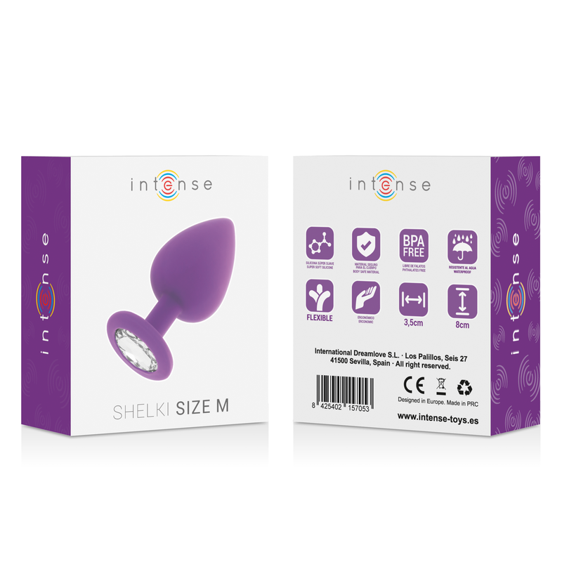 Verpackung für den violetten Analplug Shelki Gr. M mit Diamantfuß, Produktmerkmale und Barcode auf der Rückseite.