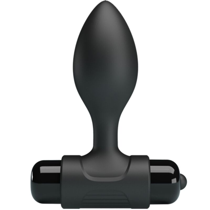 Ein glatter, schwarzer Analplug mit einer breiten Basis vor weißem Hintergrund.