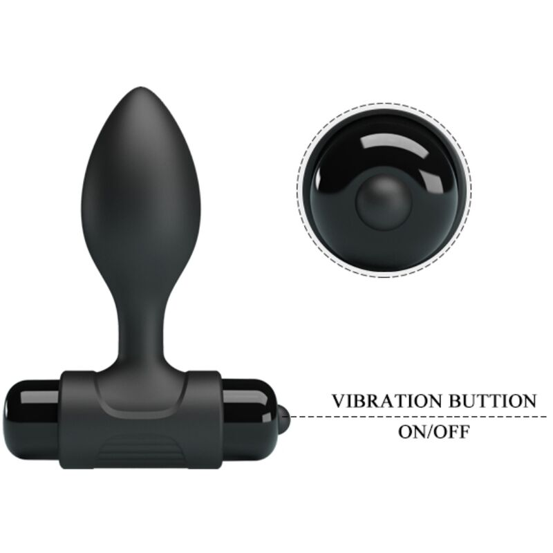 Ein schwarzer Analplug mit Fernbedienung und deutlichem On/Off-Vibrationsschalter auf weißem Hintergrund.