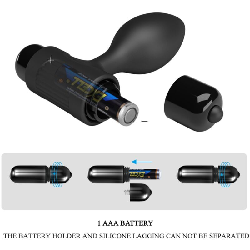 Schwarzes Sexspielzeug mit sichtbarem AAA-Batteriefach und Anleitung zum Einlegen.