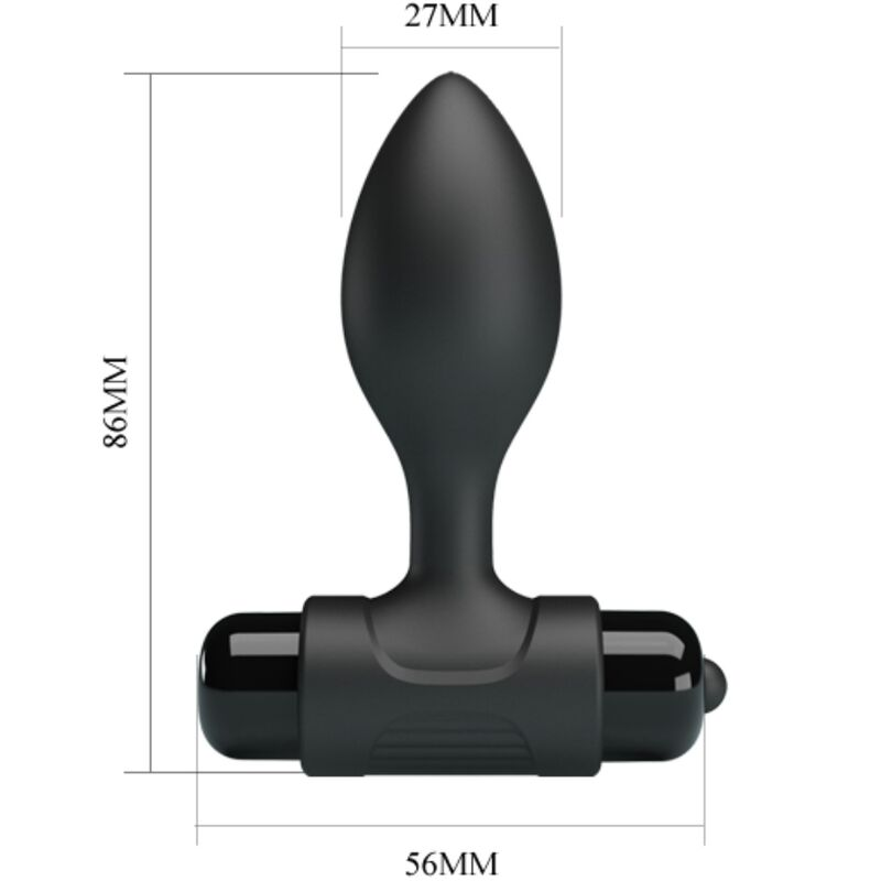 Technische Zeichnung eines schwarzen Sexspielzeugs mit Maßangaben von 86 mm Höhe, 27 mm Breite oben und 56 mm unten.