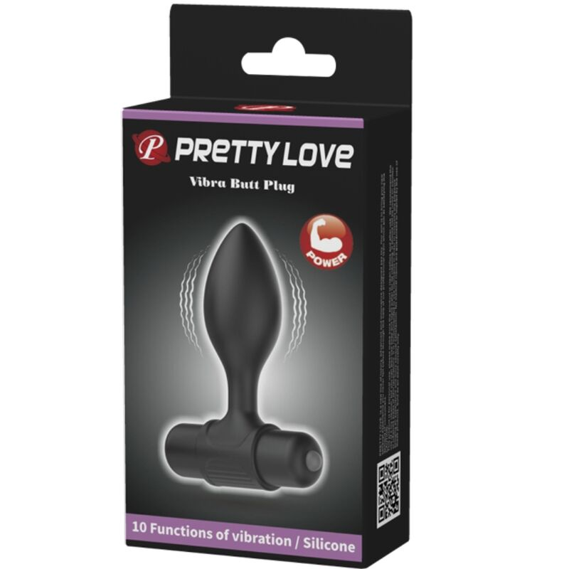 Schwarze Verpackung eines Pretty Love Vibra Butt Plugs mit Abbildung des Sexspielzeugs und weißem Text.