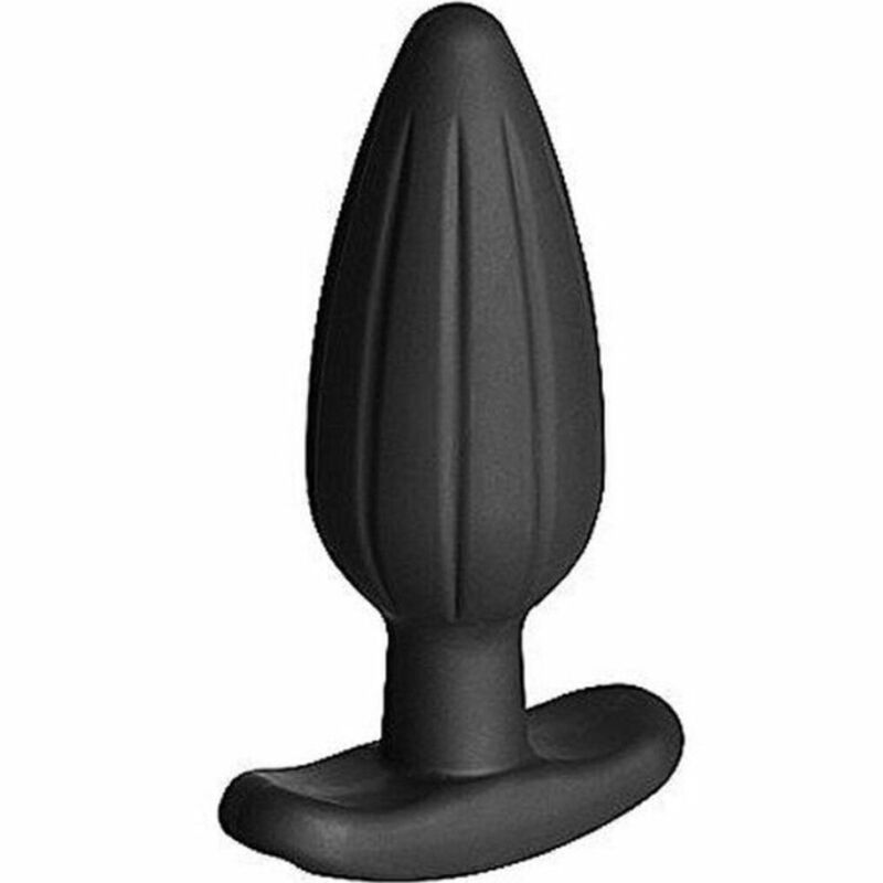 Ein schwarzer, gerippter Analplug mit T-förmigem Sockel auf weißem Hintergrund.