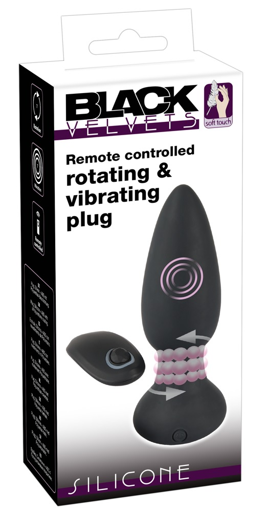 Produktverpackung für einen ferngesteuerten rotierenden und vibrierenden Plug aus Silikon mit Fernbedienung.