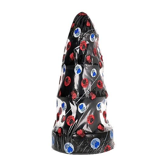 Ein kegelförmiges Objekt in schwarzer Geschenkfolie mit roten und blauen runden Mustern.