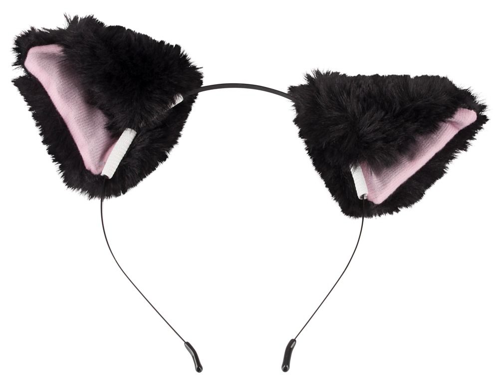 Ein schwarzer Haarreif mit flauschigen schwarzen Katzenohren und rosa Innenseiten.