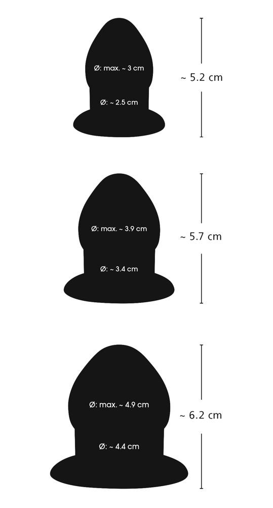 Diagramm mit drei schwarzen Plug-Silhouetten in verschiedenen Größen und deren Maßangaben.