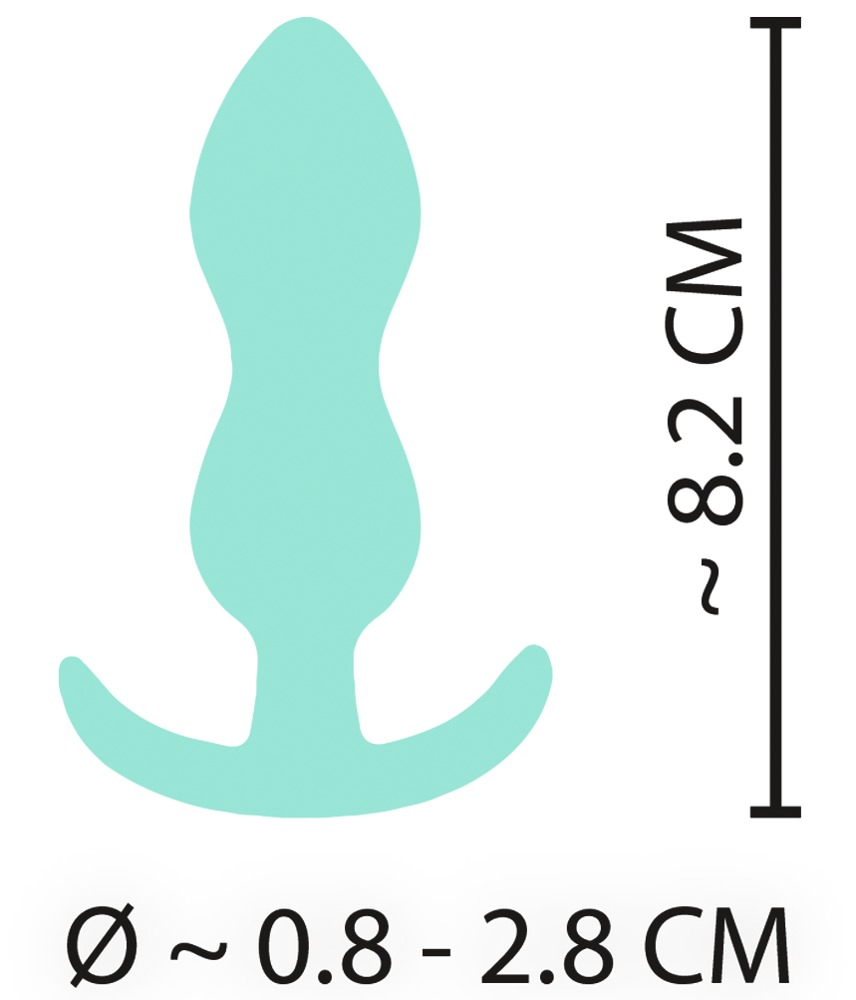 Hellgrüner Butt-Plug mit Größenangaben: 8,2 cm Länge und 0,8-2,8 cm Durchmesser.