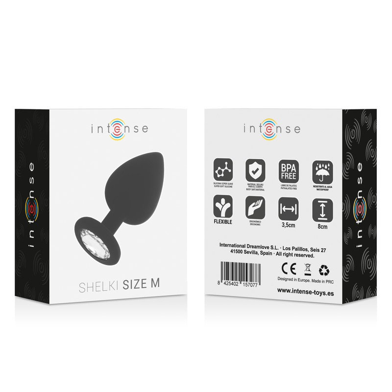 Produktverpackung für das Intense Shelki Size M Analplug mit Produktdetails und Symbolen auf der Rückseite.