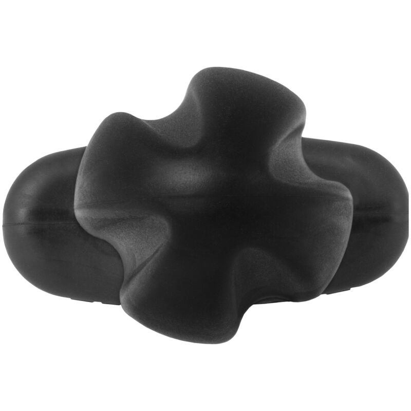Eine schwarze, ergonomische Schaumstoff-Faszienrolle mit mehrgelappter Form auf weißem Grund.