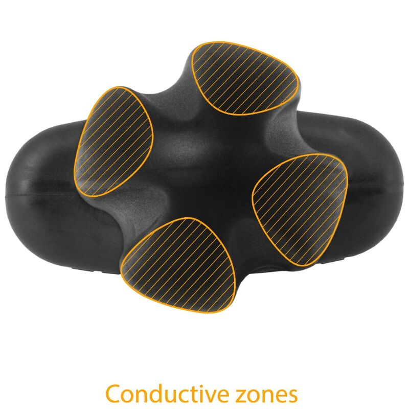 Ein schwarzes massagegerät mit vier gelben gestreiften leitenden zonen und der aufschrift Conductive zones.
