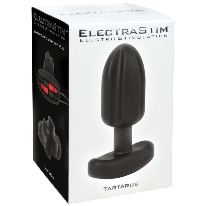 Ein schwarzer ElectraStim Tartarus Elektrostimulations-Anustopfen in seiner schwarz-weißen Produktverpackung.