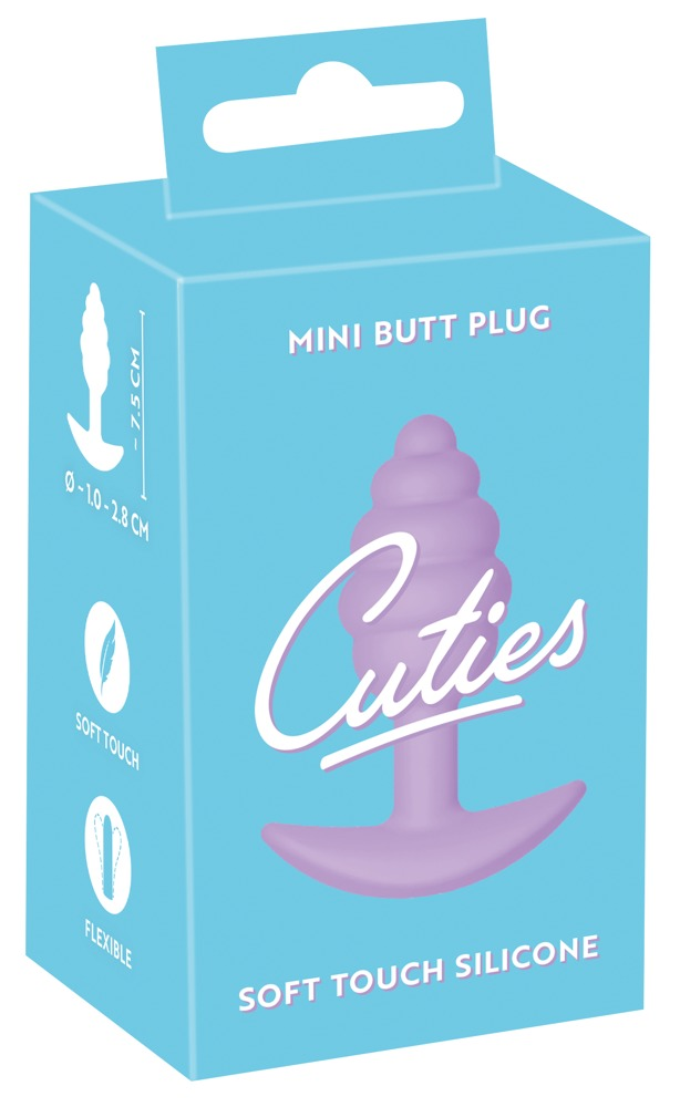 Blaue Produktverpackung eines lila Mini-Buttplugs mit der Aufschrift Cuties und Soft Touch Silicone.