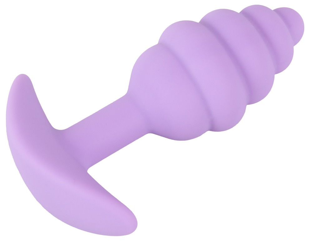 Ein helllila Silikon-Analtapfen mit geripptem, verjüngtem Körper und t-förmiger Basis.