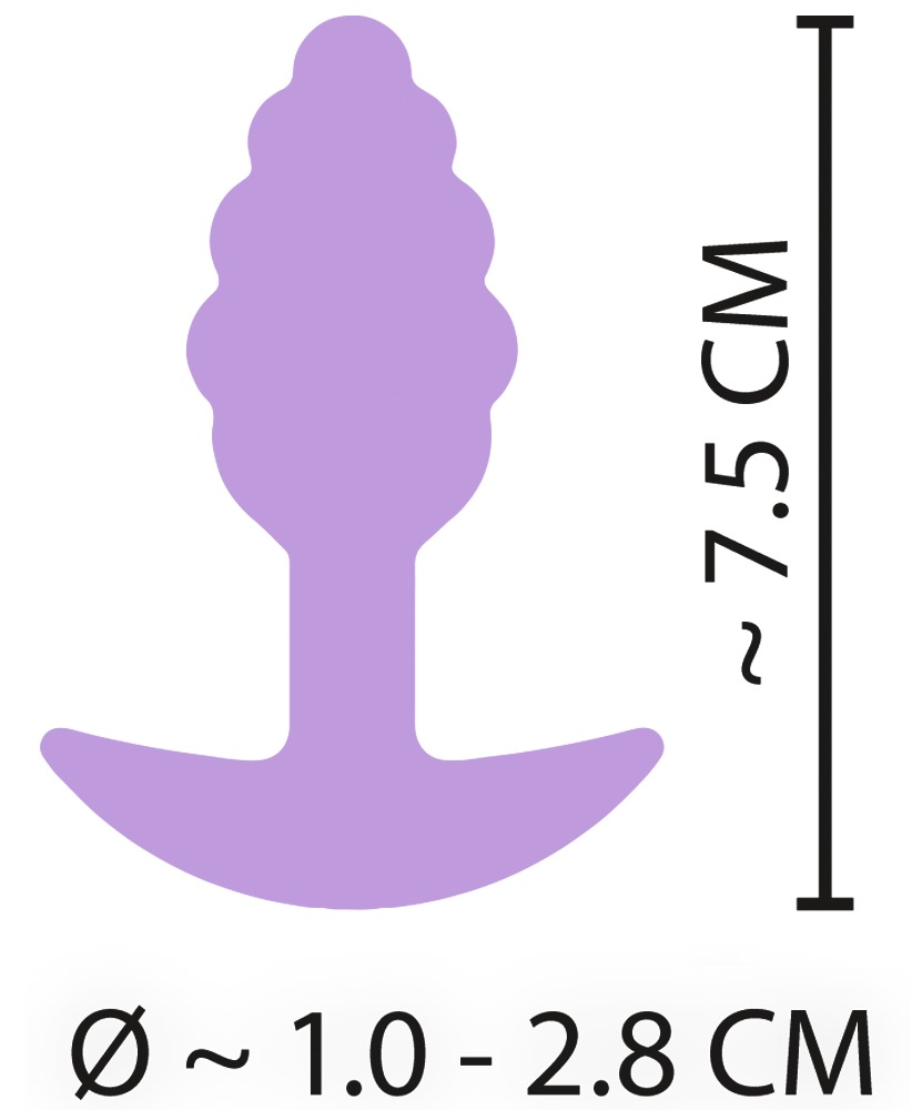 Lila Analplug mit Maßen von etwa 7,5 cm Länge und 1,0 bis 2,8 cm Durchmesser.