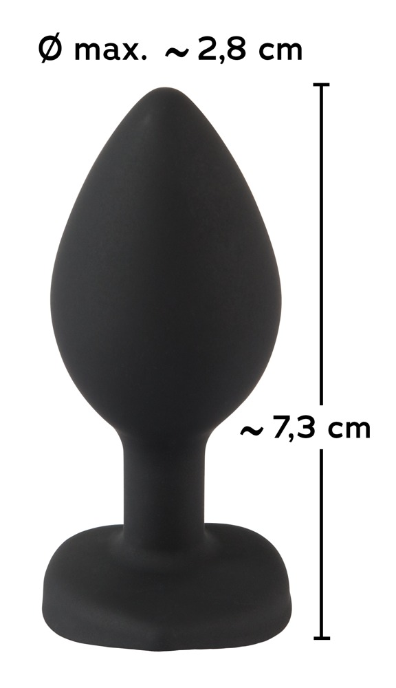 Schwarzer Buttplug auf weißem Hintergrund mit Maßen von max. 2,8 cm und 7,3 cm.